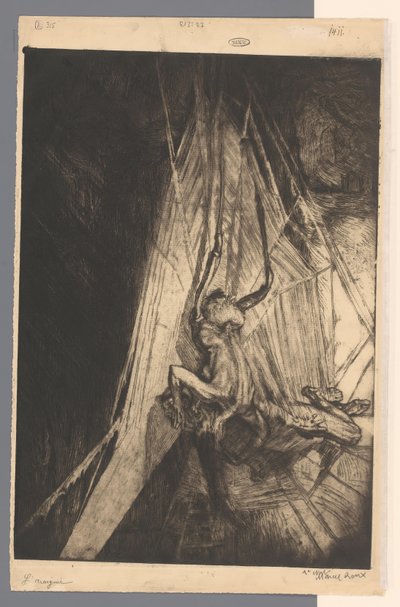 Edderkoppnett med humanoid edderkopp som har fanget en mann i nettet hennes L'Araignée (tittel på objekt) av Marcel Roux (signed by artist)