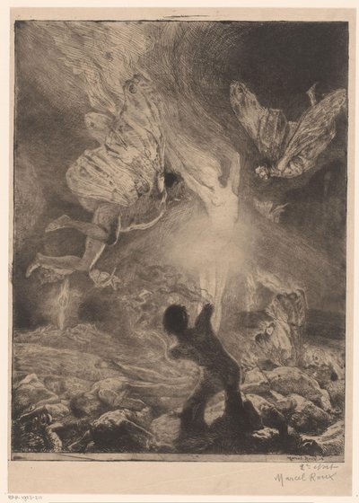 Flamme i form av en kvinne, omgitt av menn med vinger som brenner og krasjer femme flamme Girl of pleasure (serietittel) Fille de Joie (serietittel på objekt) av Marcel Roux (signed by artist)