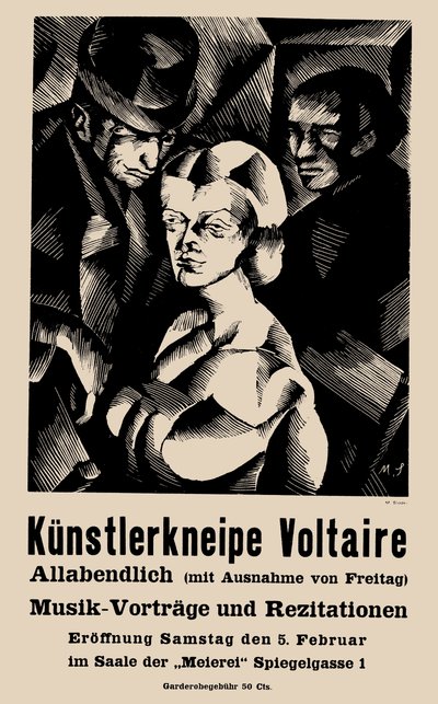 Plakat for åpningen av Cabaret Voltaire 1916-02-05 - Marcel Slodki (1892-1944). Litografi av Marcel Slodki