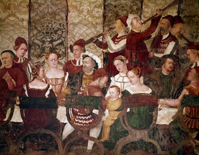 Kongen av Danmark Christian I på en bankett arrangert av Bartolomeo Colleoni. Detalj av invitasjoner (fresco, ca. 1480) av Marcello Fogolino
