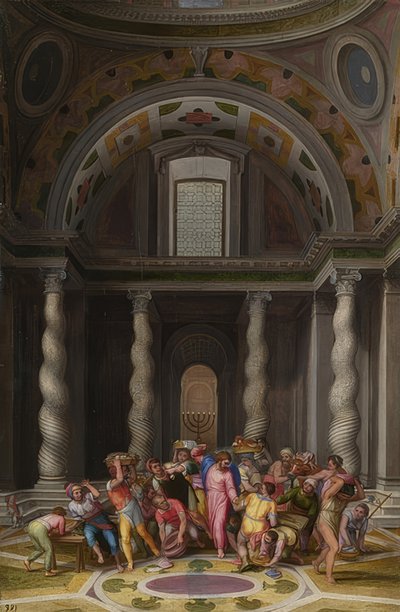 Jesus driver vekslerne ut av templet. Etter 1550 av Marcello Venusti