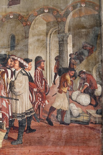 Jaktscene, detalj av besøket til Christian I av Danmark til Bartolomeo Colleoni, Hall of Honor av Marcello or Romani Girolamo (Romanino) (c.1485 c.1566) (attr.to) Fogolino