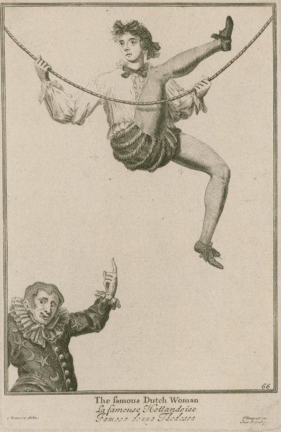 Bartholomew Fair, London: Den berømte nederlandske kvinnen, 1687 av Marcellus the Elder Laroon
