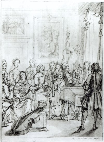 Konsert på Montague House, 1736 (penn og blekk over blyant på papir) av Marcellus the Younger Laroon