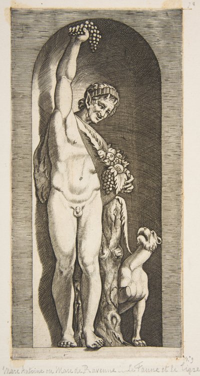 En faun som står i en nisje og holder en drueklase med høyre hånd og ..., ca. 1515-27. av Marco Dente