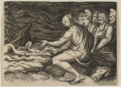En gruppe figurer til høyre som er vitne til et forlis, ca. 1515-27. av Marco Dente