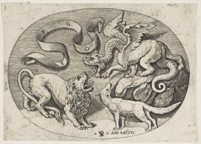 En løve, drage og rev som kjemper mot hverandre, en påskrevet banderole over, en oval c..., ca. 1515-27. av Marco Dente
