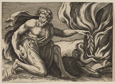 En mann som kneler og legger en laurbærgren på en haug med brennende bøker, ca. 1515-27. av Marco Dente