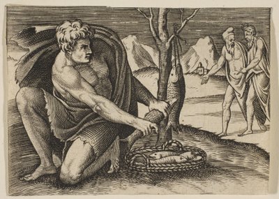 En mann som kneler ved siden av en kurv med fisk og tar en med begge hender, to menn ved ..., ca. 1515-27. av Marco Dente