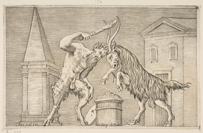 En satyr og en vær angriper hverandre, satyren svinger en kølle med sin høyre ha..., ca. 1515-27. av Marco Dente