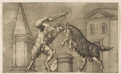 En satyr og en vær angriper hverandre, satyren svinger en kølle med sin høyre ha..., ca. 1515-27. av Marco Dente