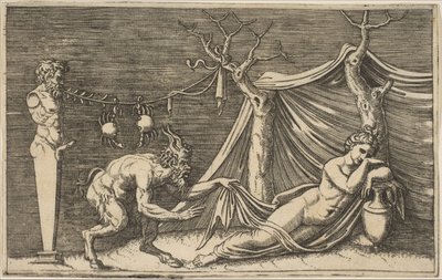 En satyr som oppdager en sovende kvinne, to krabber hengende i et tau som er spent..., ca. 1515-27. av Marco Dente