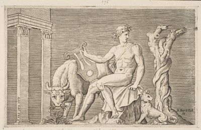 Apollo passet flokkene til Admetus, Apollo sittende med en lyre og flankert av en..., ca. 1515-27. av Marco Dente