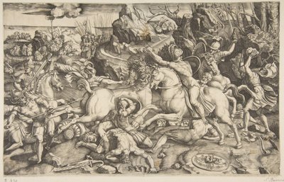 Kampscene i et landskap med soldater til hest og flere falne menn, en annen..., ca. 1520. av Marco Dente
