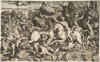 Kampscene i et landskap med soldater til hest og flere falne menn, en annen..., ca. 1520. av Marco Dente