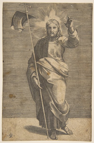 Kristus står vendt fremover, holder et kors med et banner og løfter venstre ..., ca. 1515-27. av Marco Dente