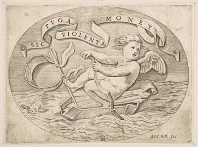 Eros Rømmer sjøveien, Amor bruker baugen for å drive en båt laget av koggeret hans..., ca. 1515-27. av Marco Dente