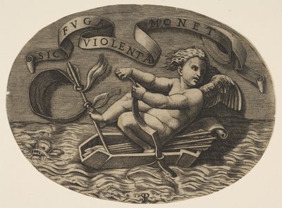 Eros rømmer sjøveien ved å bruke baugen for å drive en båt laget av koggeret hans med en ar..., ca. 1515-27. av Marco Dente