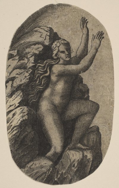 Eurydike naken stående på en stein, armene hevet til høyre, ca. 1515-27. av Marco Dente