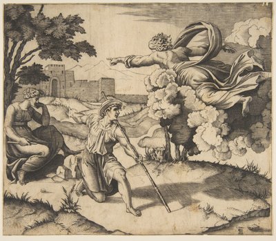 Gud viser seg for Isak, Gud som svever i skyer og peker mot Rebecca som sitter under..., ca. 1515-27. av Marco Dente