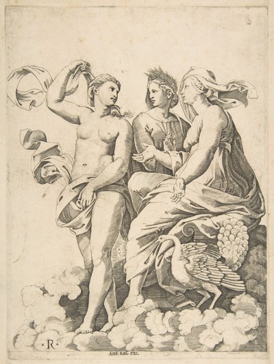 Juno, Ceres og Psyche i skyene i samtale, Juno satt med en påfugl mot seg..., ca. 1515-27. av Marco Dente