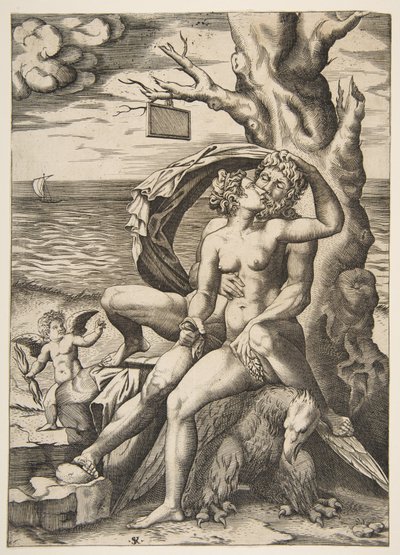 Jupiter og Semele omfavner seg, en ørn under dem, et tre til høyre med en blank t..., ca. 1515-27. av Marco Dente