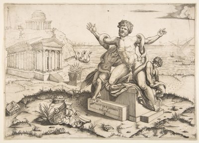 Laocoön og hans to sønner blir angrepet av slanger på en sokkel, et tempel til Mi..., ca. 1515-27. av Marco Dente