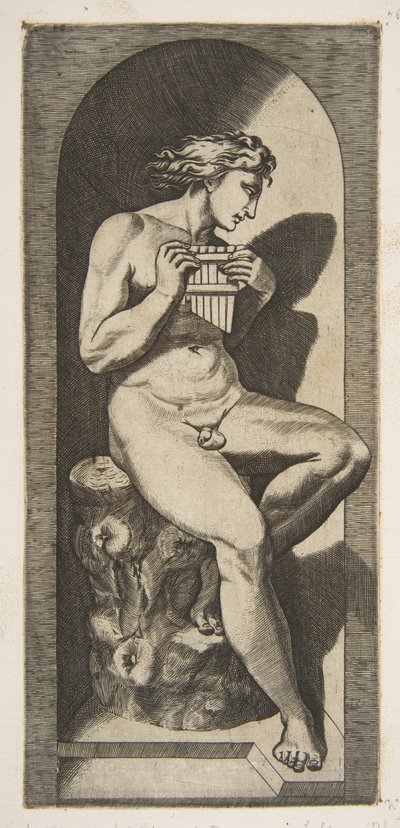 Olympus naken sittende på en trestubbe som holder rør, satt i en nisje, ca. 1515-27. av Marco Dente