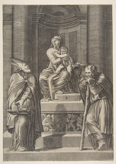 Saint Joseph til venstre og en biskop til høyre stående foran Jomfruens alter ..., ca. 1515-27. av Marco Dente