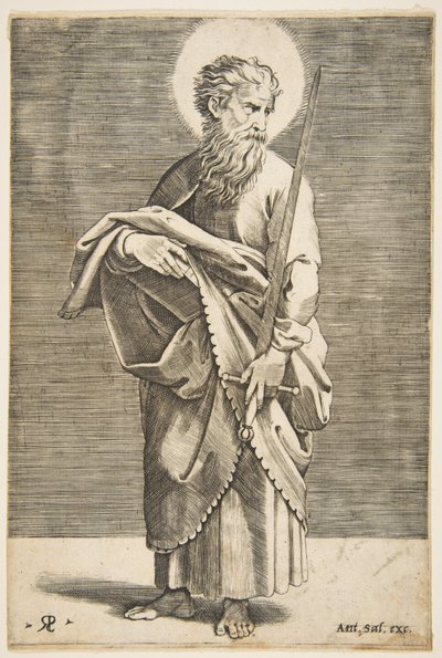 Saint Paul ser til høyre og holder et sverd og en bok, ca. 1515-27. av Marco Dente