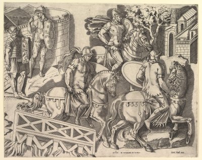 Mirror of Roman Magnificence: Romerske ryttere krysser en bro fra Trajans C..., 1500-tallet. av Marco Dente