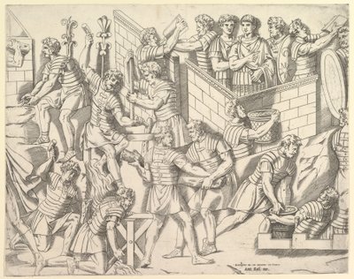 Romerske soldater forsterker leiren sin, fra Trajan..., 1500-tallet. av Marco Dente
