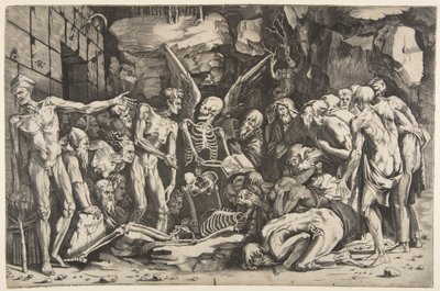 The Skeletons, en gruppe avmagrede menn og kvinner samlet rundt et skjelett lagt på ..., 1515-27. av Marco Dente