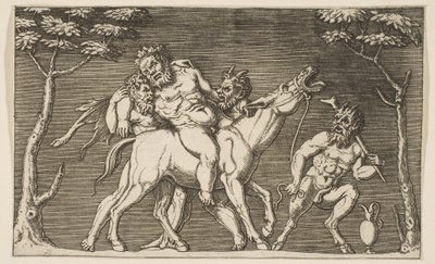 To satyrer som plasserer Silenus på et muldyr og en tredje satyr til høyre, ca. 1515-27. av Marco Dente