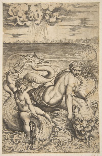 Venus og Amor rir på to sjømonstre, og Amor hever en pil i høyre hånd, t..., ca. 1515-27. av Marco Dente