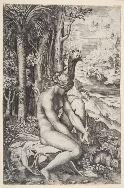 Venus fjerner en torn fra venstre fot mens hun sitter på et tøy ved siden av trær, en ..., ca. 1515-27. av Marco Dente