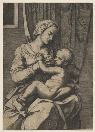 Jomfru som ammer spedbarnet Kristus på fanget, 1515-20. av Marco Dente