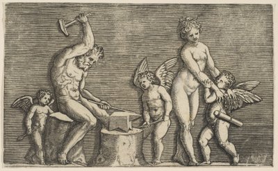 Vulcan sittende hamrende på en ambolt flankert av Venus og tre amoriner, ca. 1515-27. av Marco Dente
