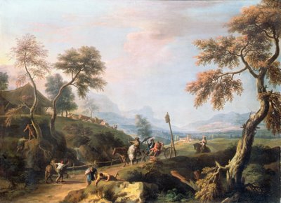 Et skogslandskap med herrer i en vogn på en vei (olje på lerret) av Marco Ricci