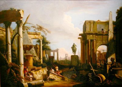 Landskap med klassiske ruiner og figurer (olje på lerret) av Marco Ricci