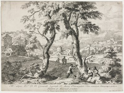 Utsikt over en landsby med figurer i forgrunnen av Marco Ricci