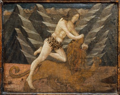 Cassone med kampscene og scener fra Herkules#39; arbeid, Firenze, Italia, ca. 1460 (tempera, gesso og tre) av Marco del Buono Giamberti