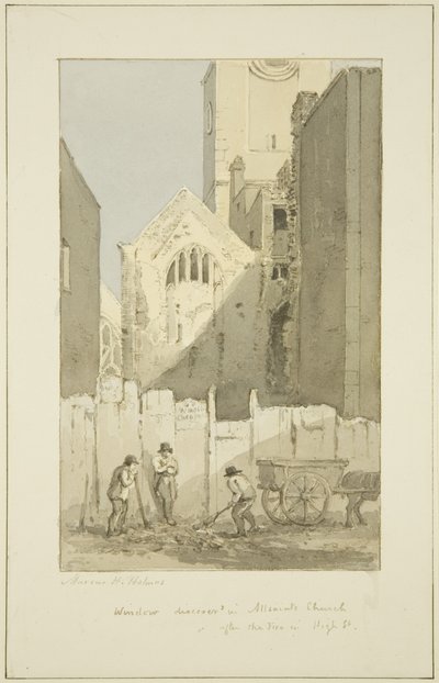 Discovery of East Window of All Saints' bak High Street (etter brannen) (blyant og akvarell på papir) av Marcus H. Homes