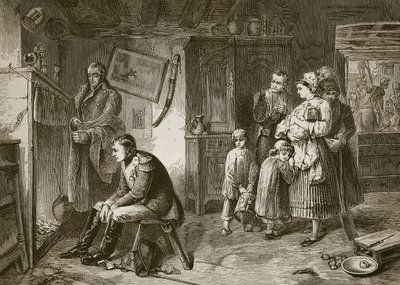 Napoleon søker hvile i en hytte ved veikanten etter hans nederlag ved Waterloo, gravert av J.D. Cooper av Marcus Stone