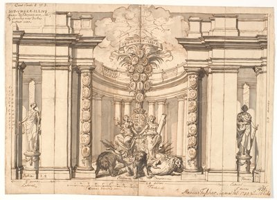 Interiøret i et tempel med det danske våpenskjoldet og slektstreet til Oldenburg-kongene av Marcus Tuscher