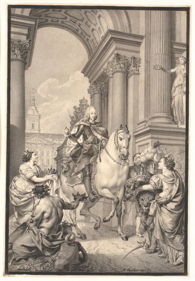 Forberedelse til maleriet: Danmark og Norge hyller Chr. VI (brent med Christiansborg 1794) av Marcus Tuscher