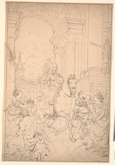 Utkast til maleriet: Danmark og Norge hyller Chr. VI (brent med Christiansborg 1794) av Marcus Tuscher