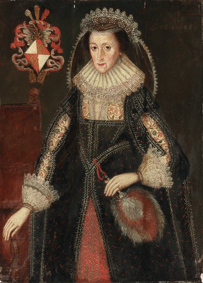 Portrett av Lady Eleanor Dutton, trekvart lengde, i elegant kjole, stående ved siden av en stol påskrevet med våpenskjold fra Dutton-familien i Cheshire og Gloucestershire av Marcus the Younger Gheeraerts