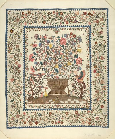 Applikasjon og brodert omslag, 19351942. av Margaret Concha