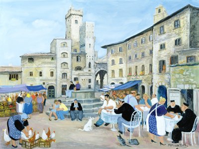 Lunsjtid på et markedstorg, Toscana (olje på lerret) av Margaret Loxton